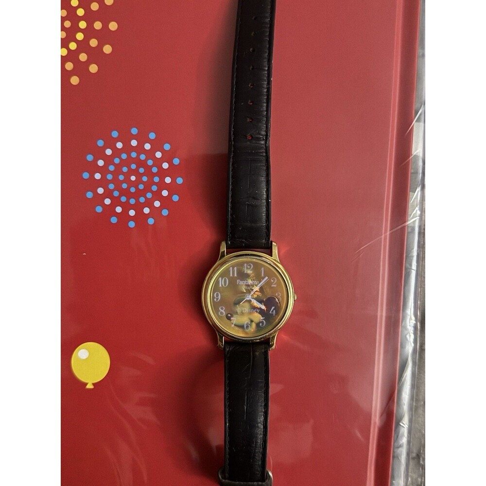 Vintage DISNEY Fantasma Mickey Mouse 3D Hologram Quartz Watch Black Leather